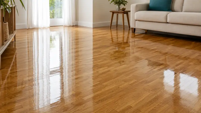 Suelo de parquet con acabado brillante y reflejos de luz