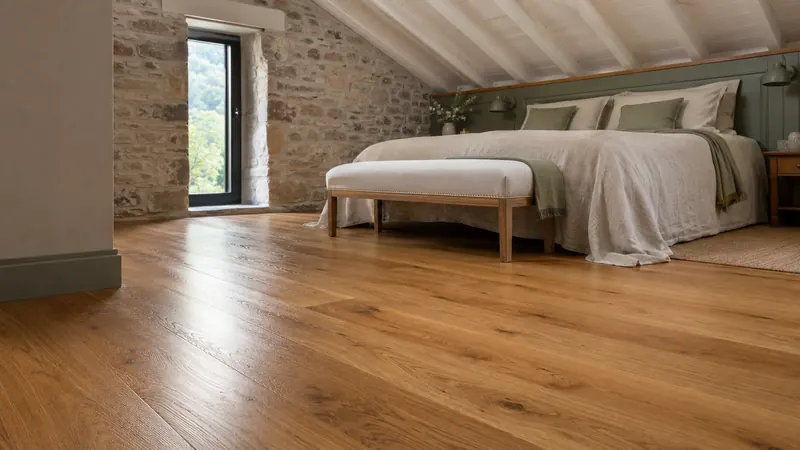Suelo de parquet con acabado satinado en un salón luminoso