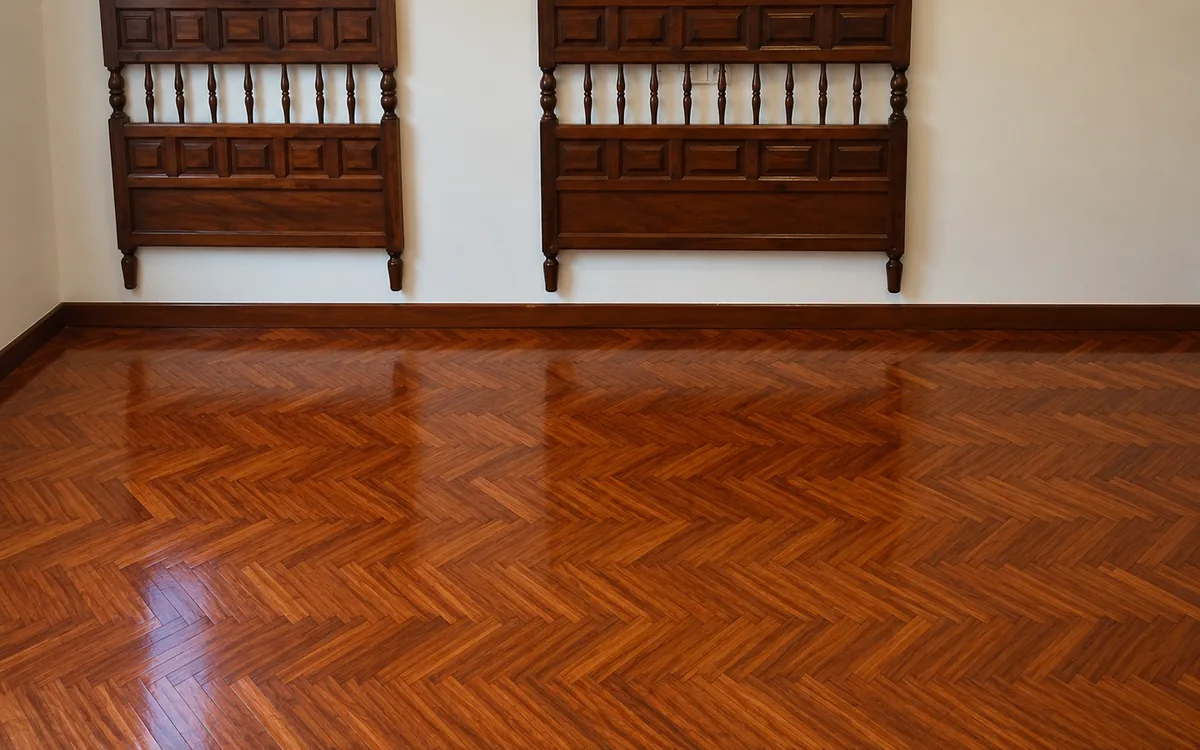 Dormitorio con parquet en espiga recién barnizado y cabezales de madera
